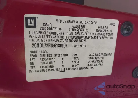 2005 Chevrolet Equinox Lt из США, поврежденный, VIN 2CNDL73F156180097